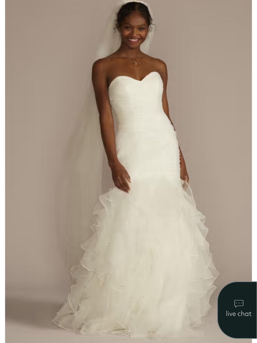 David's Bridal Ivory Strapless Mermaid Wedding Gown with Ruffled Skirt